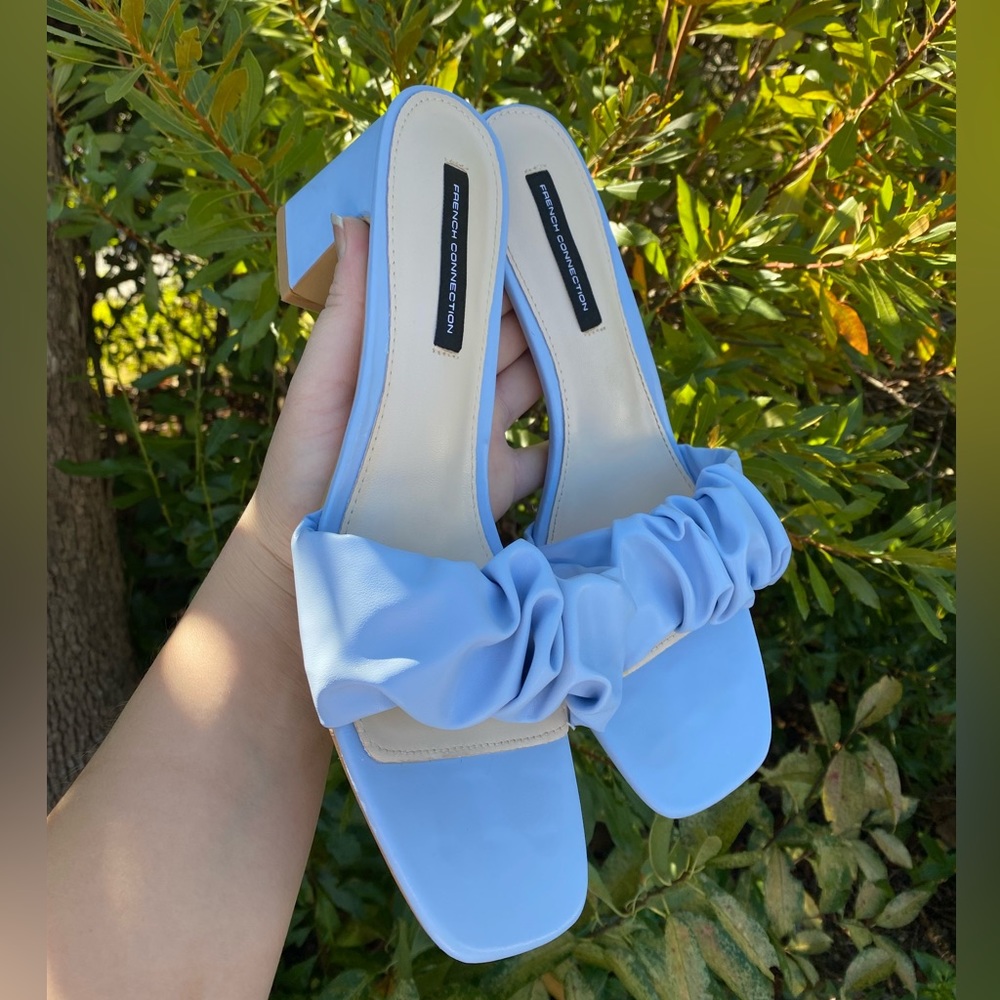 Modern Chic Periwinkle French Connection slides with a chunky heel